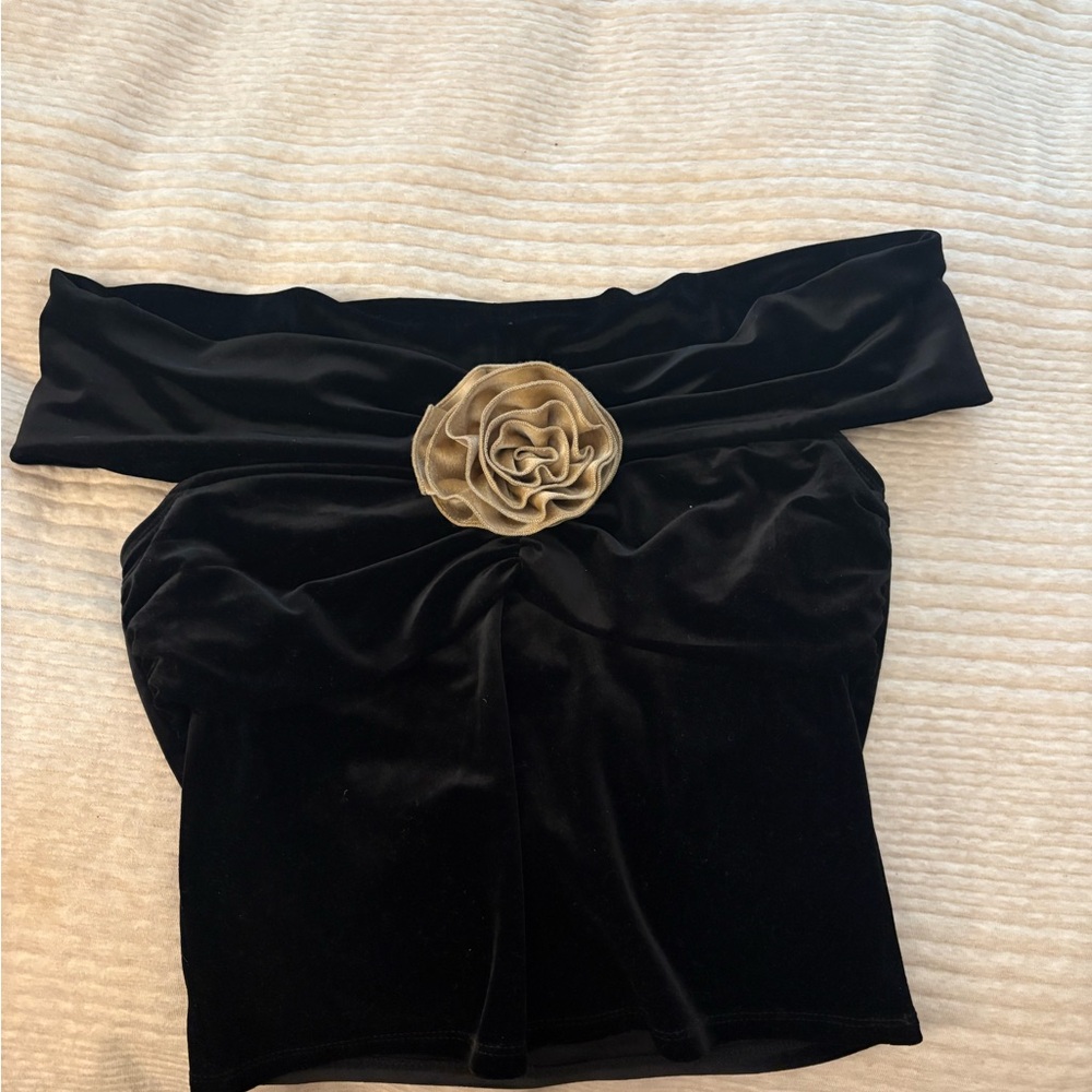 Reformation black velvet off the shoulder top with floral